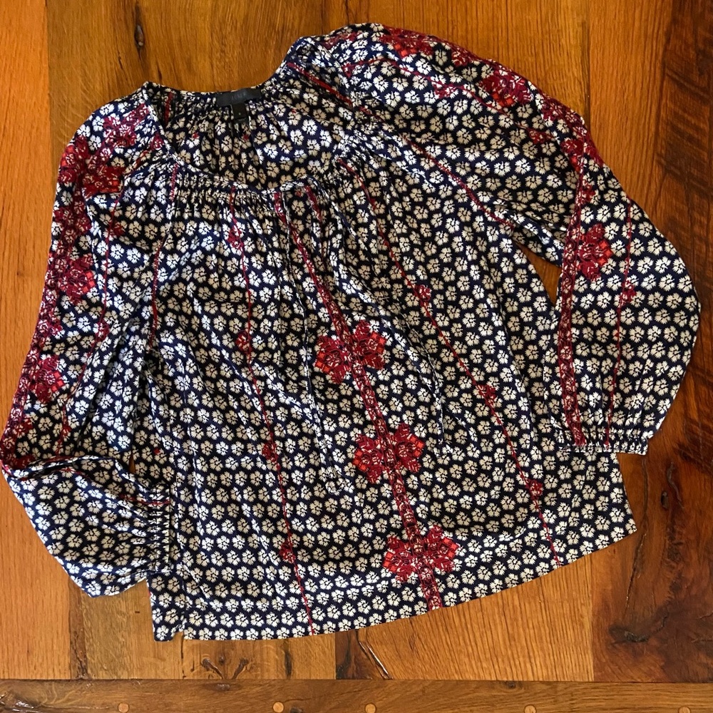 J. Crew 100% Cotton Boho Embroidered Tie Front Navy Blue and White Blouse, Sz 8